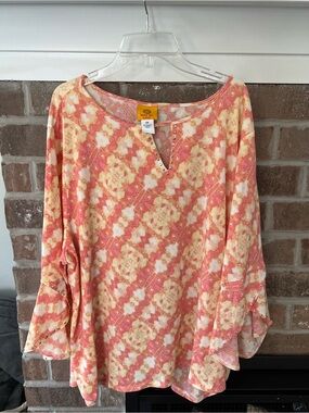 Ruby Rd. Coral and Cream Printed V-Neck Tunic with Stud Detail
